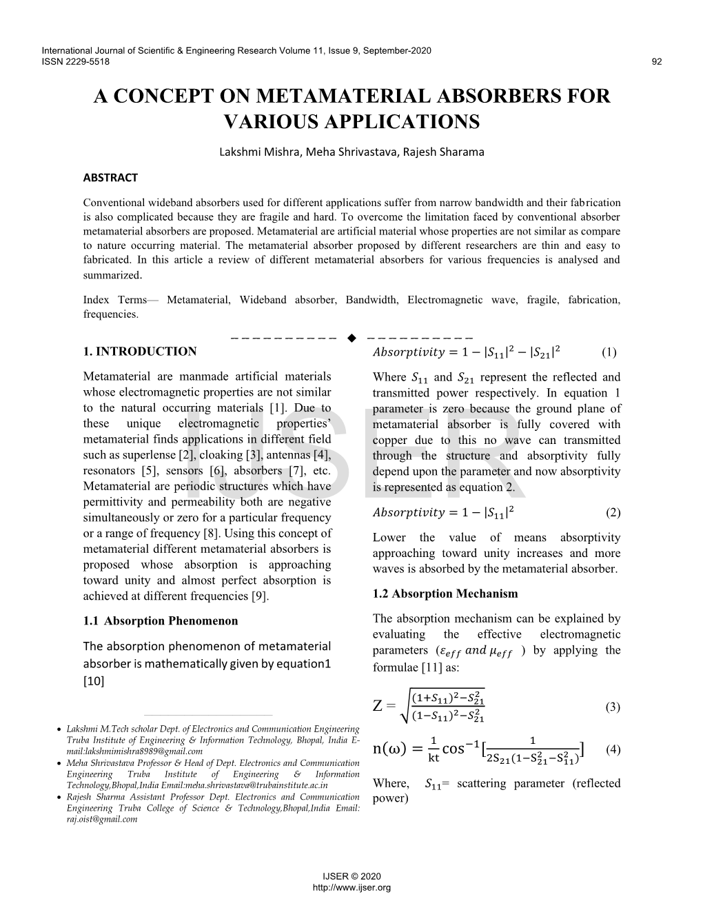 A Concept on Metamaterial Absorbers for Various Applications