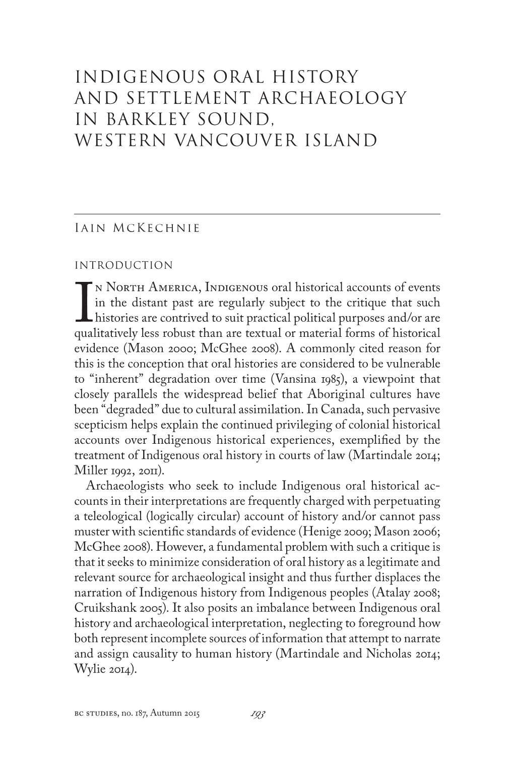 Indigenous Oral History and Settlement Archaeology in Barkley Sound, Western Vancouver Island