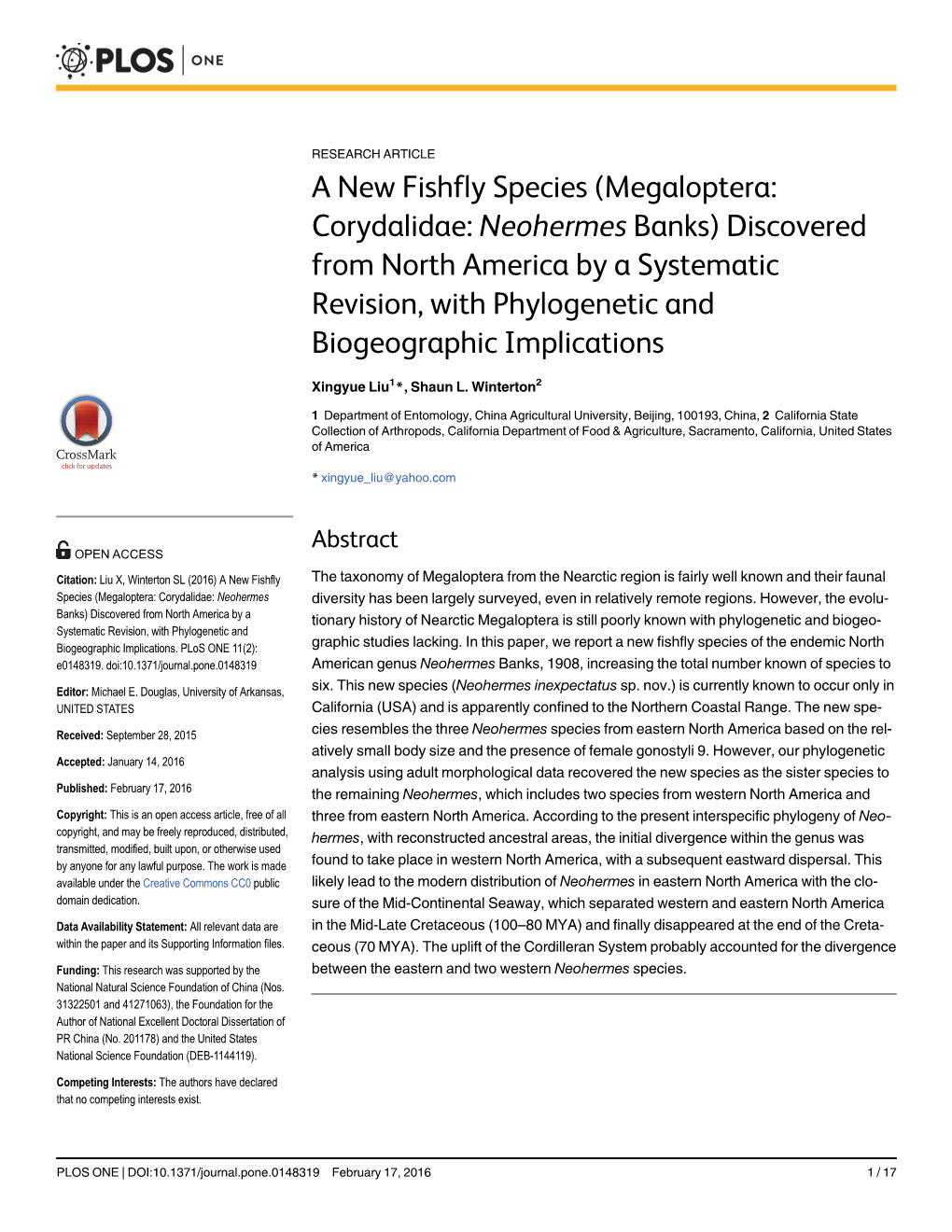 Megaloptera: Corydalidae: Neohermes Banks) Discovered from North America by a Systematic Revision, with Phylogenetic and Biogeographic Implications