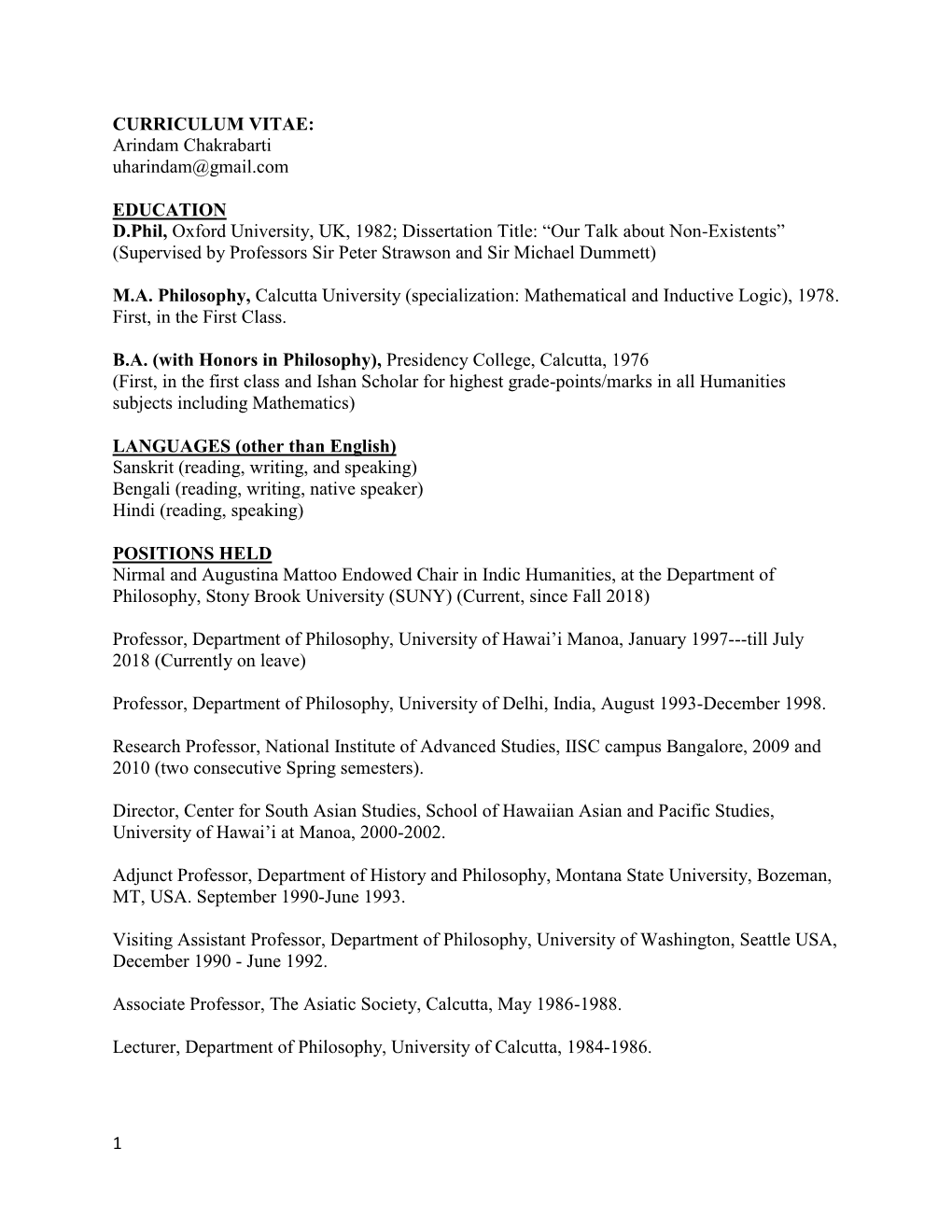 Professor Arindam Chakrabarti's CV