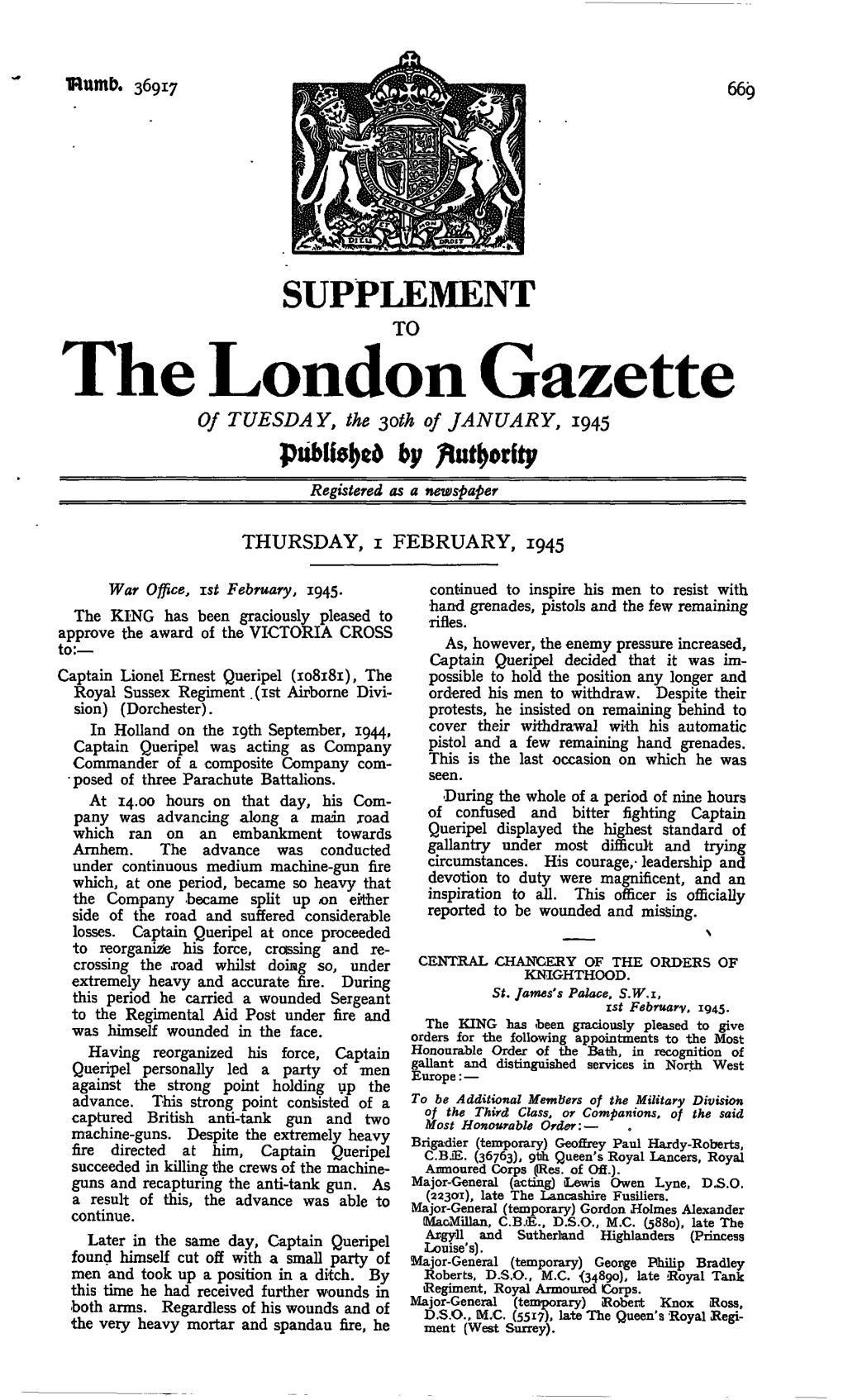 The London Gazette of TUESDAY, the $Oth of JANUARY, 1945 by /Tafyorfty Registered As a Newspaper