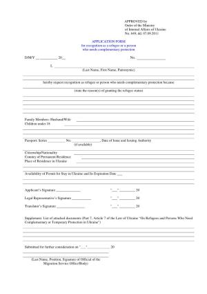 APPLICATION FORM for Recognition As a Refugee Or a Person Who Needs Complementary Protection