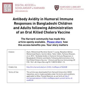 Antibody Avidity in Humoral Immune Responses in Bangladeshi Children and Adults Following Administration of an Oral Killed Cholera Vaccine