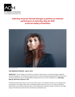 Indie/Pop Musician Hannah Georgas to Perform an Intimate Performance on Saturday, May 26, 2018 at the Art Gallery of Hamilton