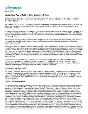 Lifevantage Appoints New Chief Executive Officer