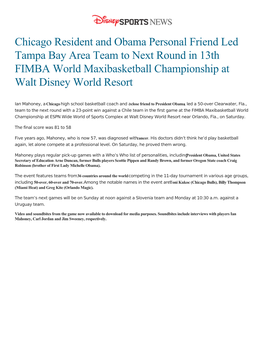 Chicago Resident and Obama Personal Friend Led Tampa Bay Area Team to Next Round in 13Th FIMBA World Maxibasketball Championship at Walt Disney World Resort