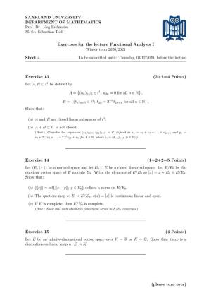 Exercises for the Lecture Functional Analysis I Exercise 13 (2+2=4