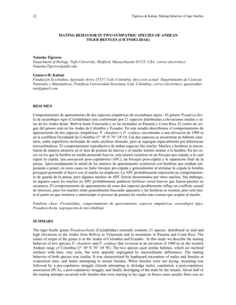 Mating Behavior in Two Sympatric Species of Andean Tiger Beetles (Cicindelidae)