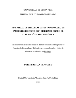 Universidad De Costa Rica Sistema De Estudios De Posgrado Diversidad De Libélulas (Insecta: Odonata) En Ambientes Lénticos