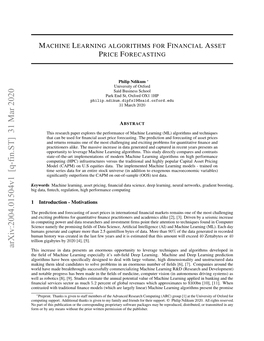 Machine Learning Algorithms for Financial Asset Price Forecasting