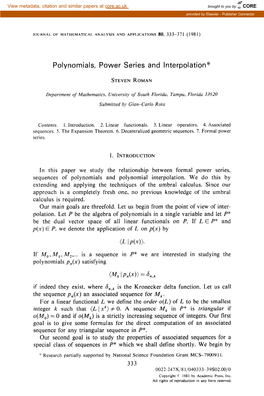 Polynomials, Power Series and Interpolation*