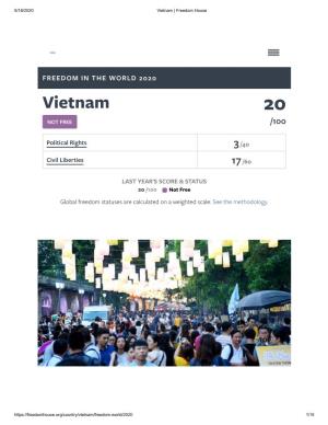 FREEDOM in the WORLD 2020 Vietnam 20 NOT FREE /100