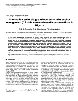 Information Technology and Customer Relationship Management (CRM) in Some Selected Insurance Firms in Nigeria