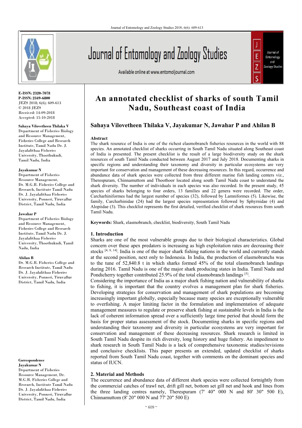 An Annotated Checklist of Sharks of South Tamil Nadu, Southeast Coast of India