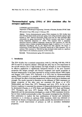 Thermomechanical Ageing (TMA) of 2014 Aluminium Alloy for Aerospace Applications