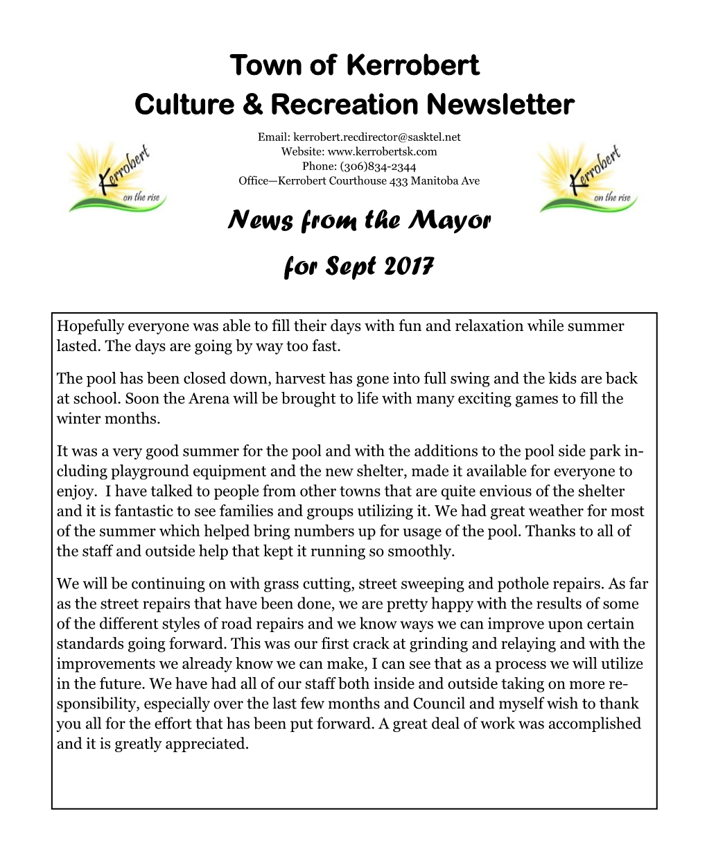 News from the Mayor for Sept 2017