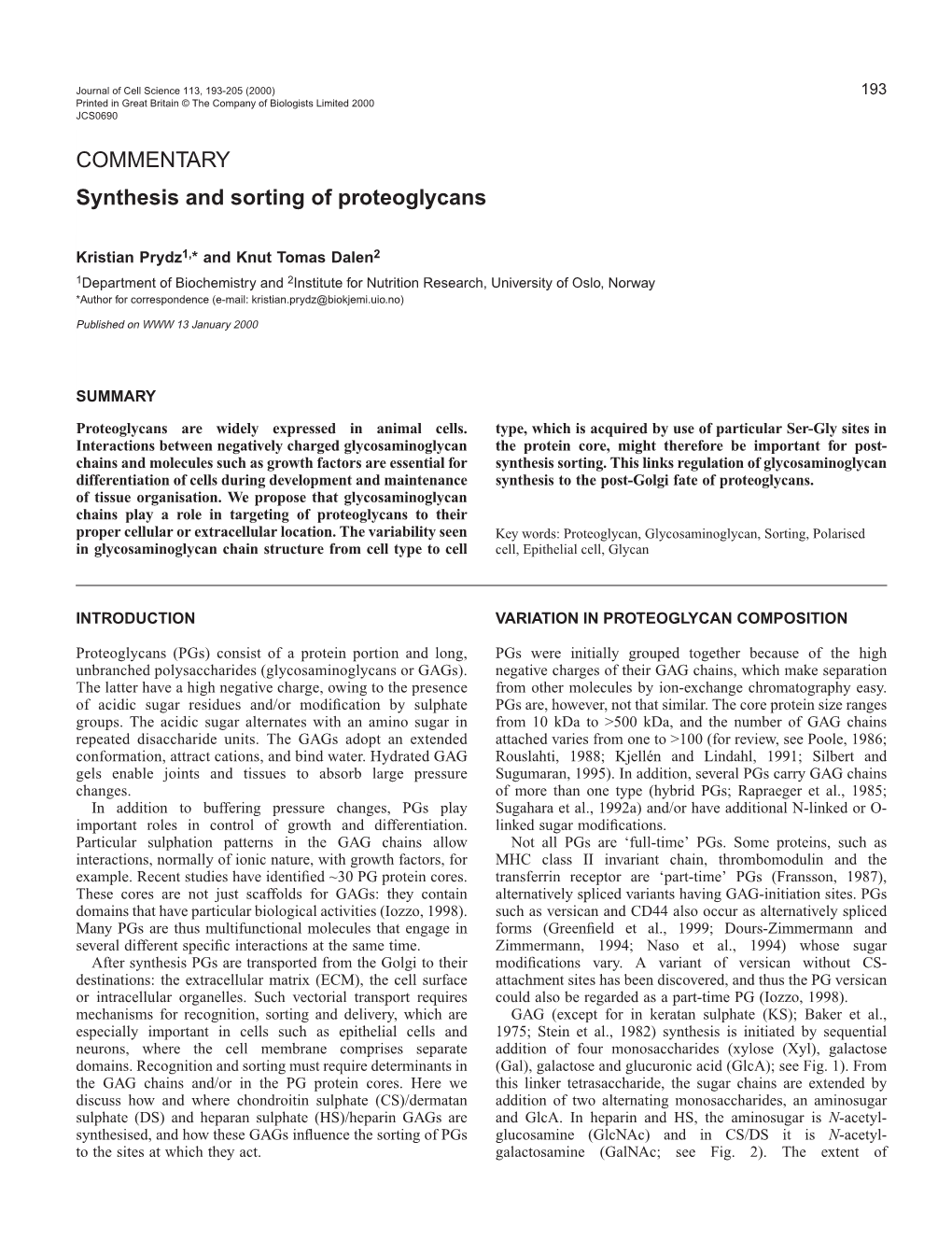 Synthesis and Sorting of Proteoglycans