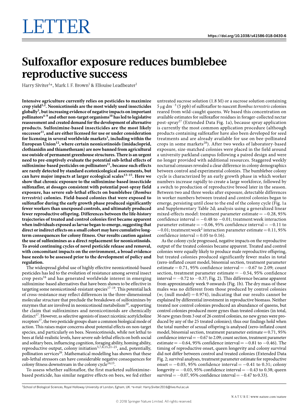 Sulfoxaflor Exposure Reduces Bumblebee Reproductive Success Harry Siviter1*, Mark J