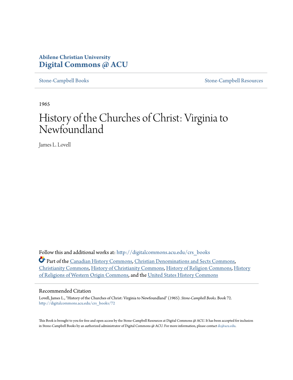 History of the Churches of Christ: Virginia to Newfoundland James L