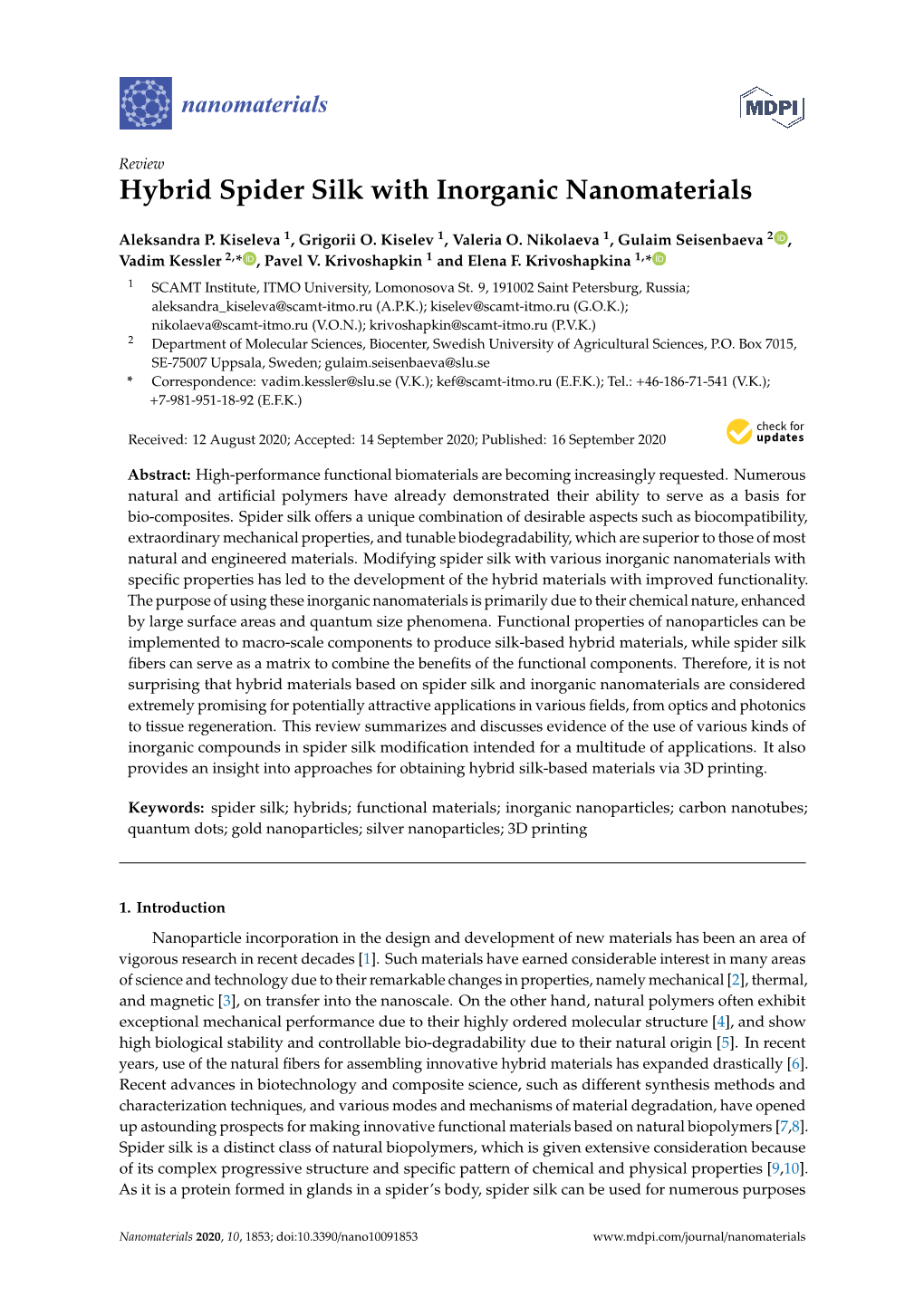 Hybrid Spider Silk with Inorganic Nanomaterials