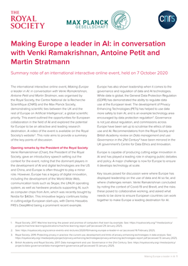 Making Europe Leaders in AI Workshop Note
