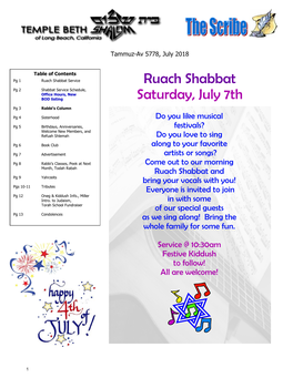 Ruach Shabbat Saturday, July