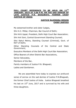Full Court Reference to Be Held on 11Th January, 2019 at 3.00 P.M