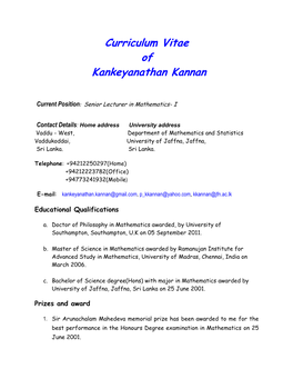 Curriculum Vitae of Kankeyanathan Kannan