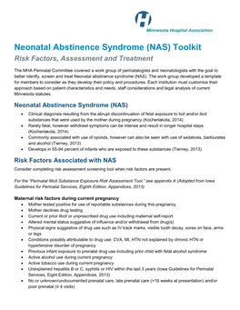 Neonatal Abstinence Syndrome (NAS) Toolkit Risk Factors, Assessment and Treatment