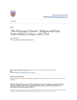 Religion and Early Tudor Political Culture, 1465-1516 Peter Kaufman University of Richmond, Pkaufman@Richmond.Edu