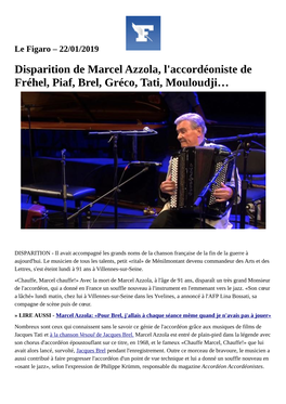 Marcel Azzola, L'accordéoniste De Fréhel, Piaf, Brel, Gréco, Tati, Mouloudji…