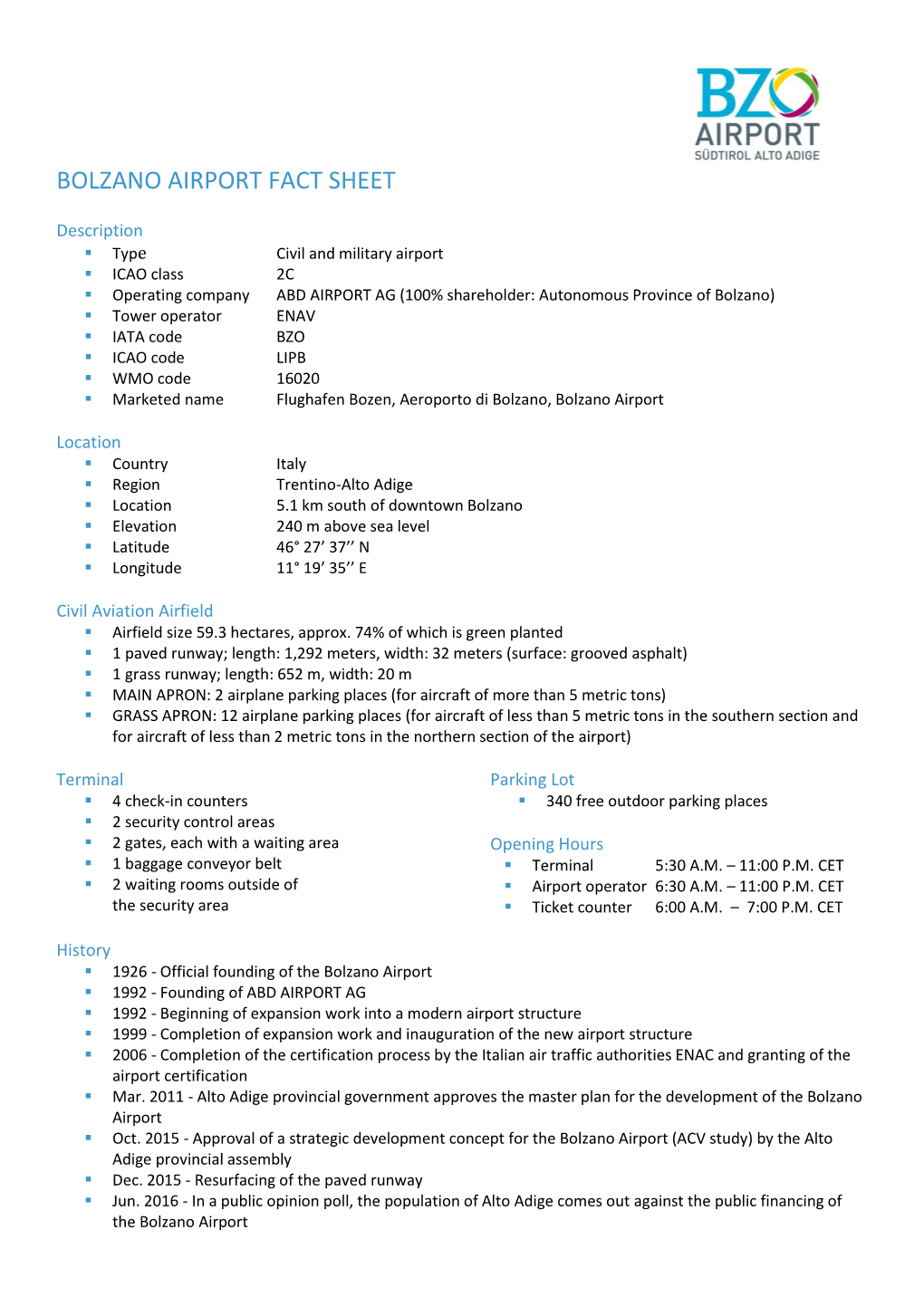 Bolzano Airport Fact Sheet