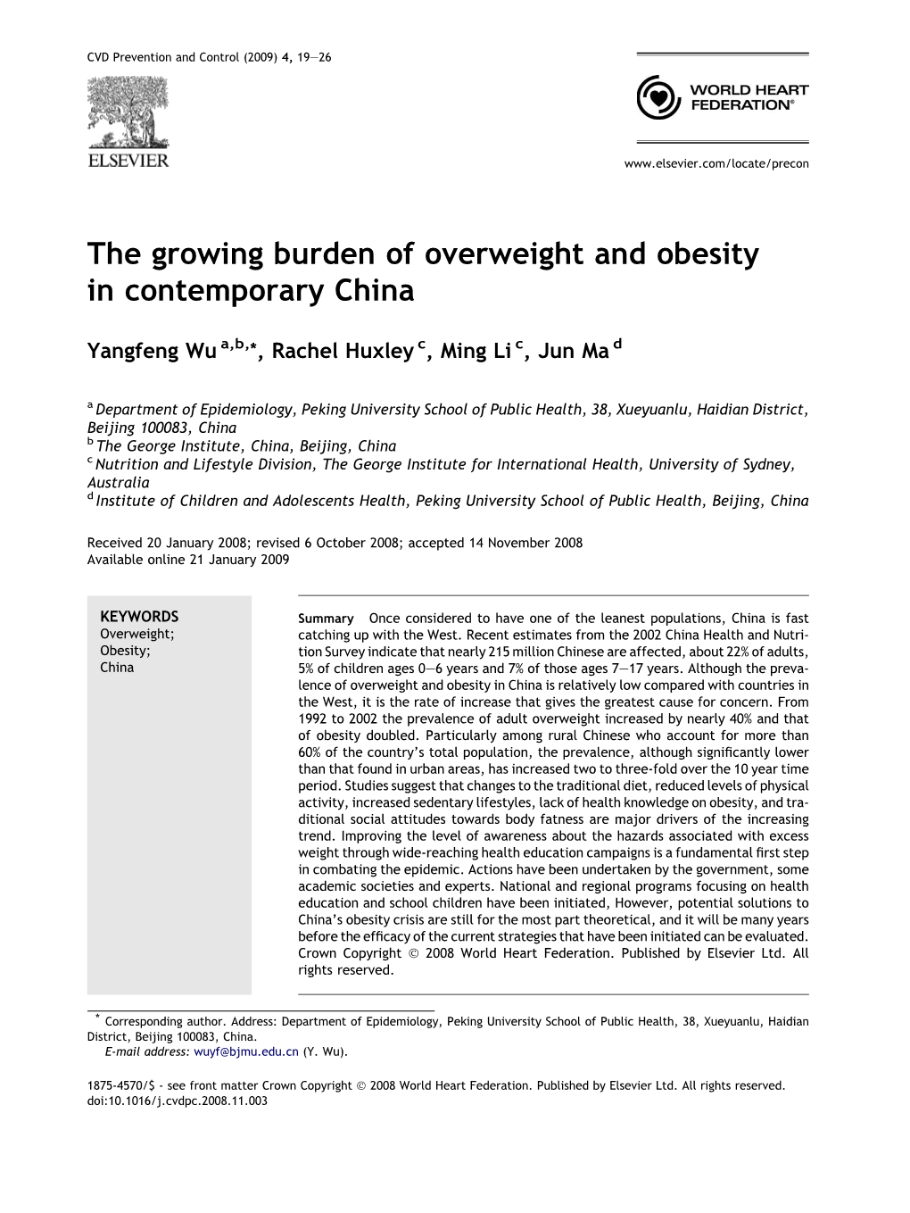 The Growing Burden of Overweight and Obesity in Contemporary China