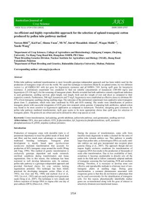 An Efficient and Highly Reproducible Approach for the Selection of Upland Transgenic Cotton Produced by Pollen Tube Pathway Method