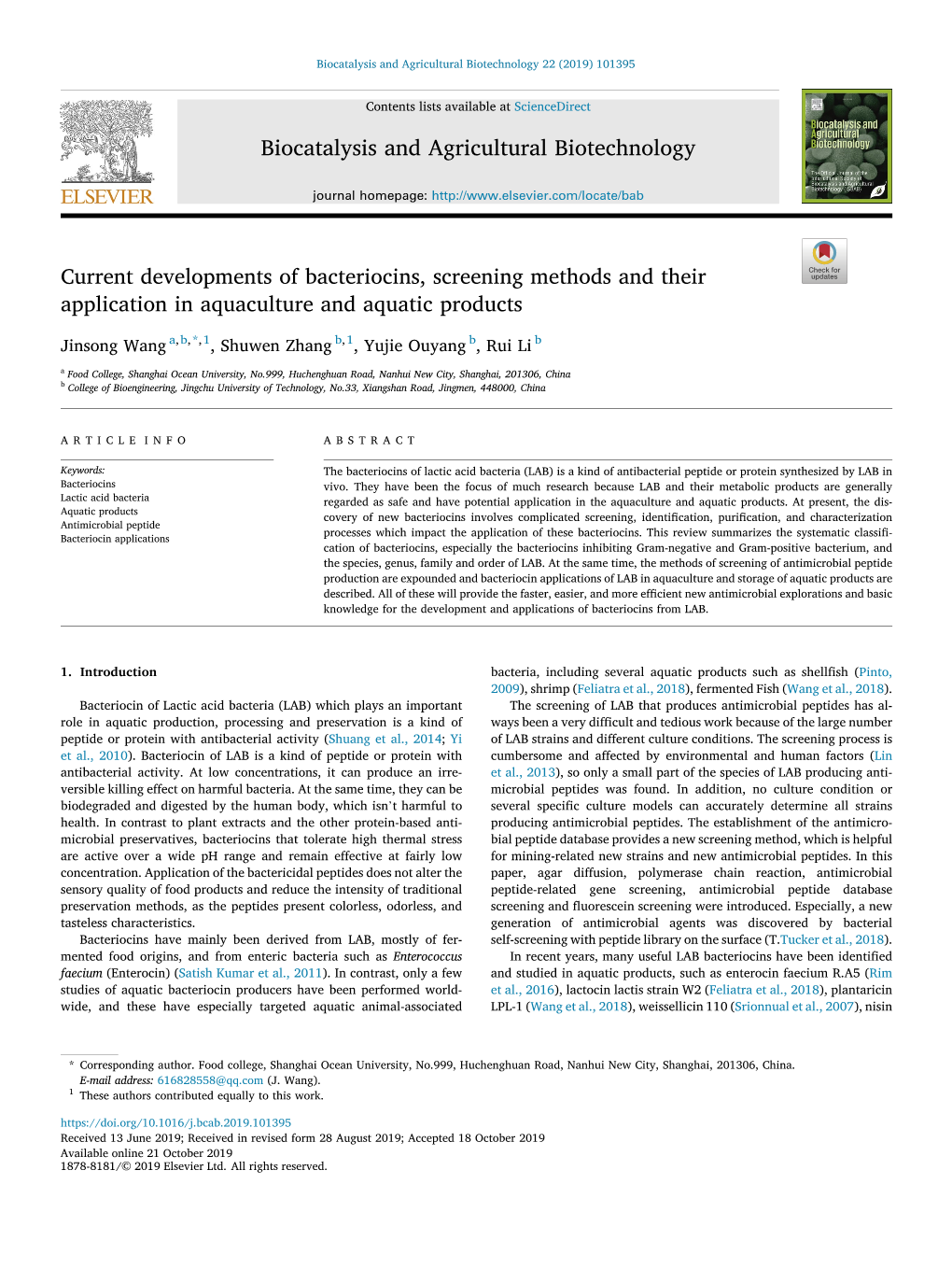 Current Developments of Bacteriocins, Screening Methods and Their Application in Aquaculture and Aquatic Products