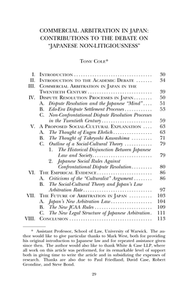 Commercial Arbitration in Japan: Contributions to the Debate on “Japanese Non-Litigiousness”