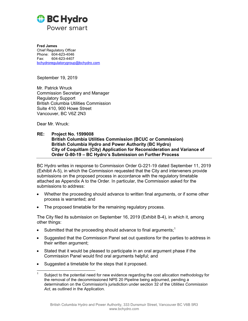 2019 09 19 BC Hydro Comments Further Process