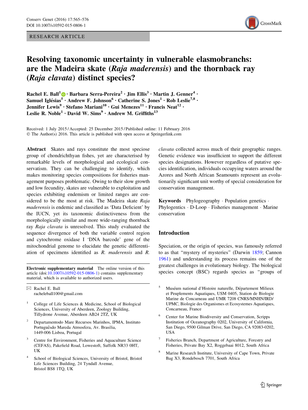 Are the Madeira Skate (Raja Maderensis) and the Thornback Ray (Raja Clavata) Distinct Species?