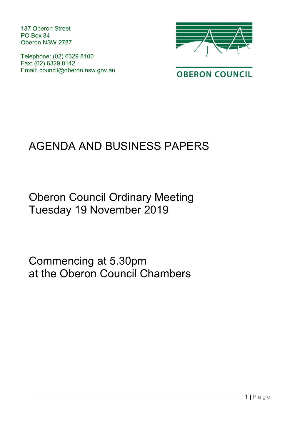 Agenda and Business Paper for 19 November 2019 Ordinary Meeting