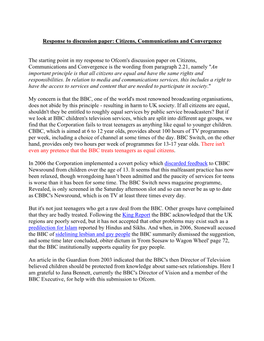Response to Ofcom Discussion Paper: Citizens, Communications and Convergence