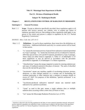 Regulations for the Control of Radiation in Mississippi Rule 1.1.18 for Applicable Fee