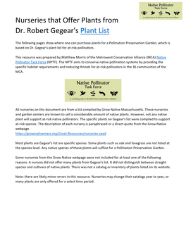 Plant Sources by Nursery