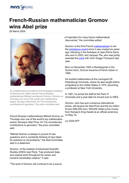 French-Russian Mathematician Gromov Wins Abel Prize 26 March 2009