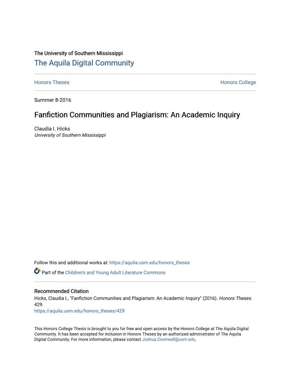 Fanfiction Communities and Plagiarism: an Academic Inquiry