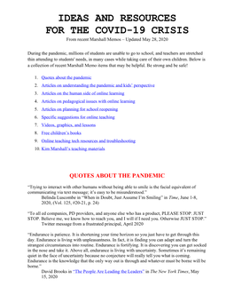 IDEAS and RESOURCES for the COVID-19 CRISIS from Recent Marshall Memos – Updated May 28, 2020