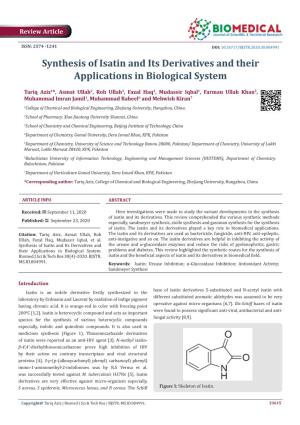 Synthesis of Isatin and Its Derivatives and Their Applications in Biological System