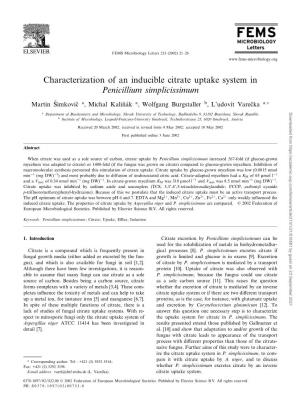 Characterization of an Inducible Citrate Uptake System in Penicillium Simplicissimum