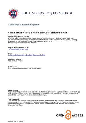 China, Social Ethics and the European Enlightenment