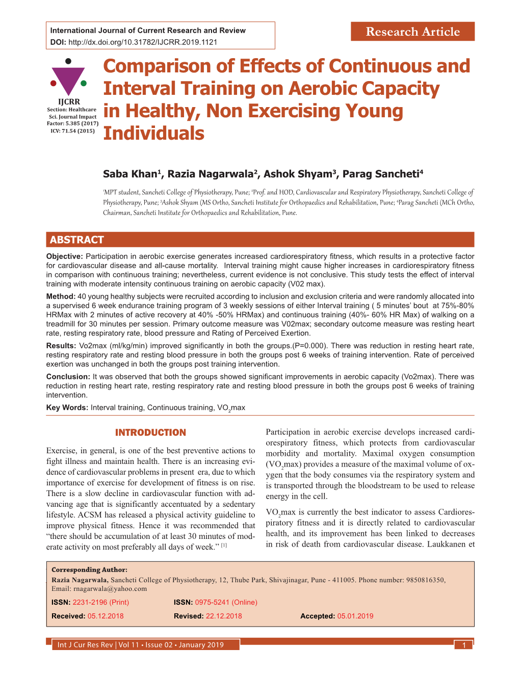 Comparison of Effects of Continuous and Interval Training on Aerobic Capacity IJCRR Section: Healthcare Sci