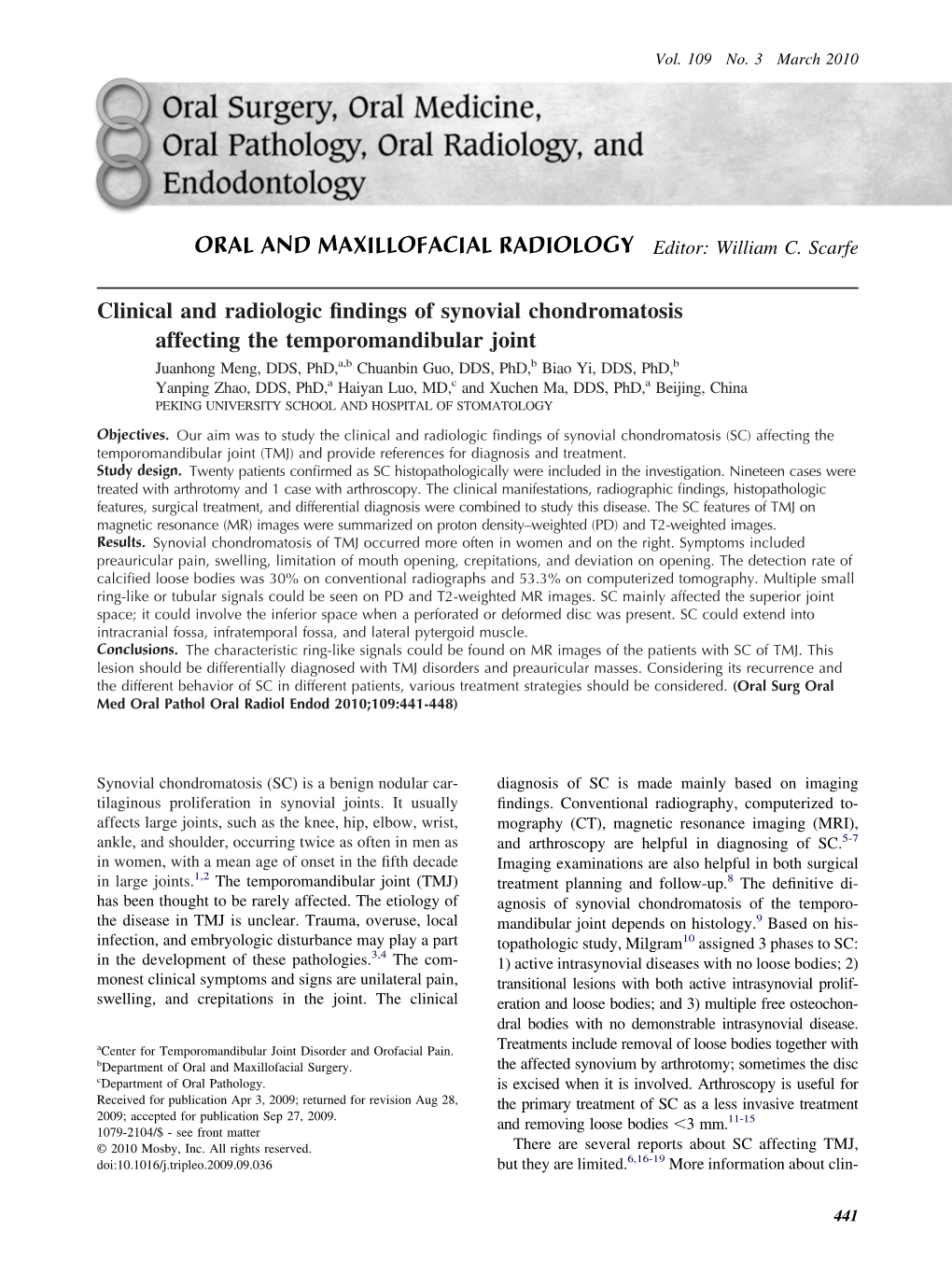 Clinical and Radiologic Findings of Synovial Chondromatosis Affecting